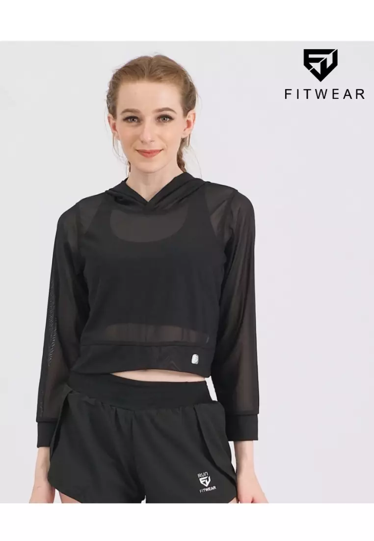 Fitwear - Croptop Jaring / Mesh / Sheer Olahraga SIERRA HOODIE - BLACK
