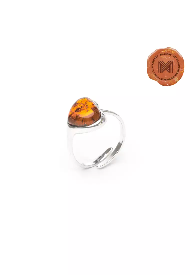 Multifaceted Baltic Amber Glowing Heart Silver Ring with 925 Sterling Silver