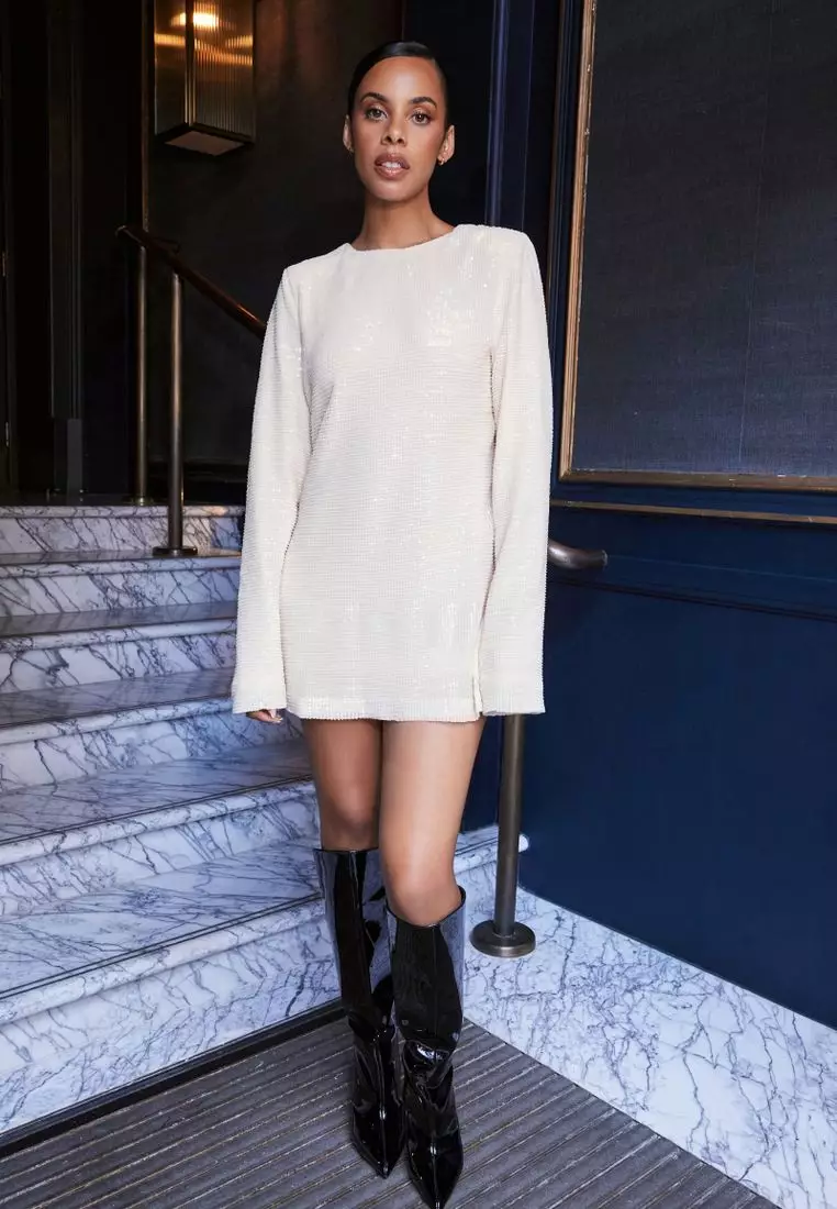 Flash Focus Sequin Extra Long Slit Sleeves Open Back Mini Dresss