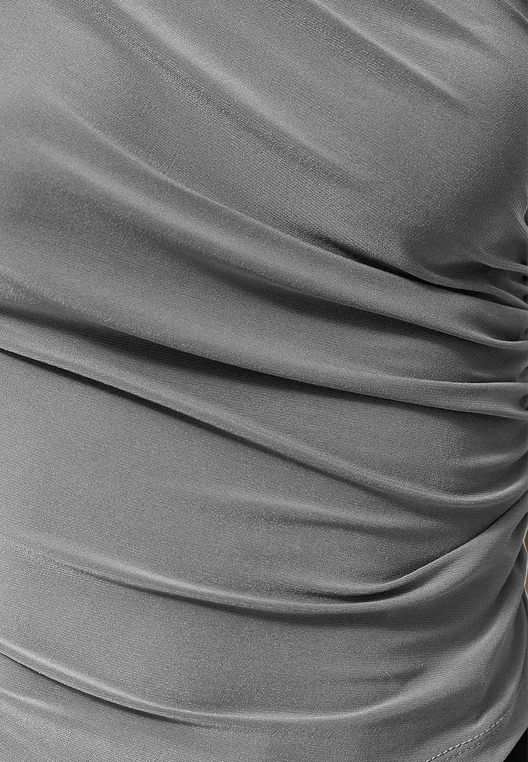 Grey Sleveless Gathered Flexible Knitted Blouse