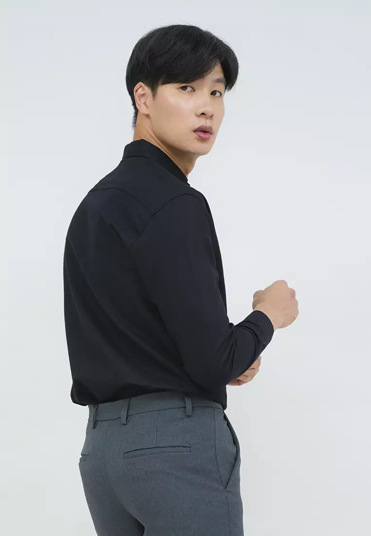 Kemeja lengan panjang pria formal slim fit black houseofcuff