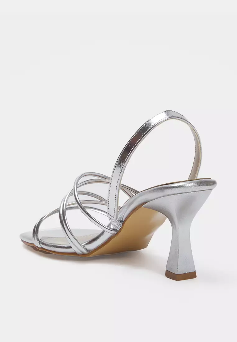Metallic Ankle-Strap Square Toe 8 cm Thin Heel Sandals