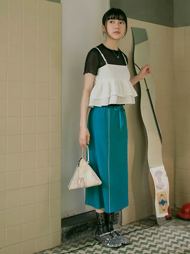 Wrinkled sheer mesh short-sleeve top [AB19539]