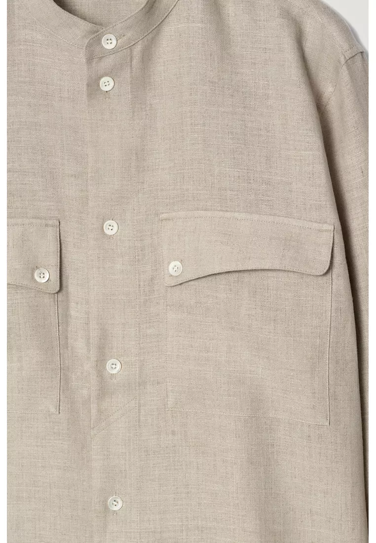 GRANDAD-COLLAR LINEN OVERSHIRT