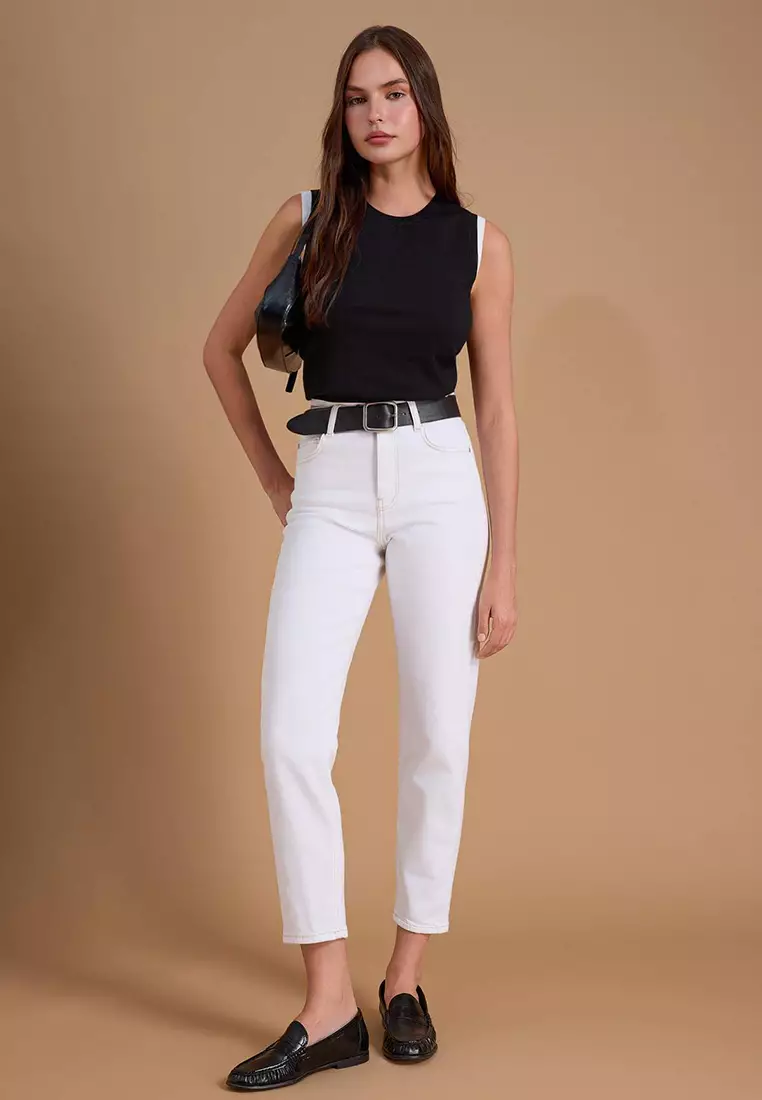White High Waist Medium Stretch Mom Ankle Length Jeans Twoss26Je213