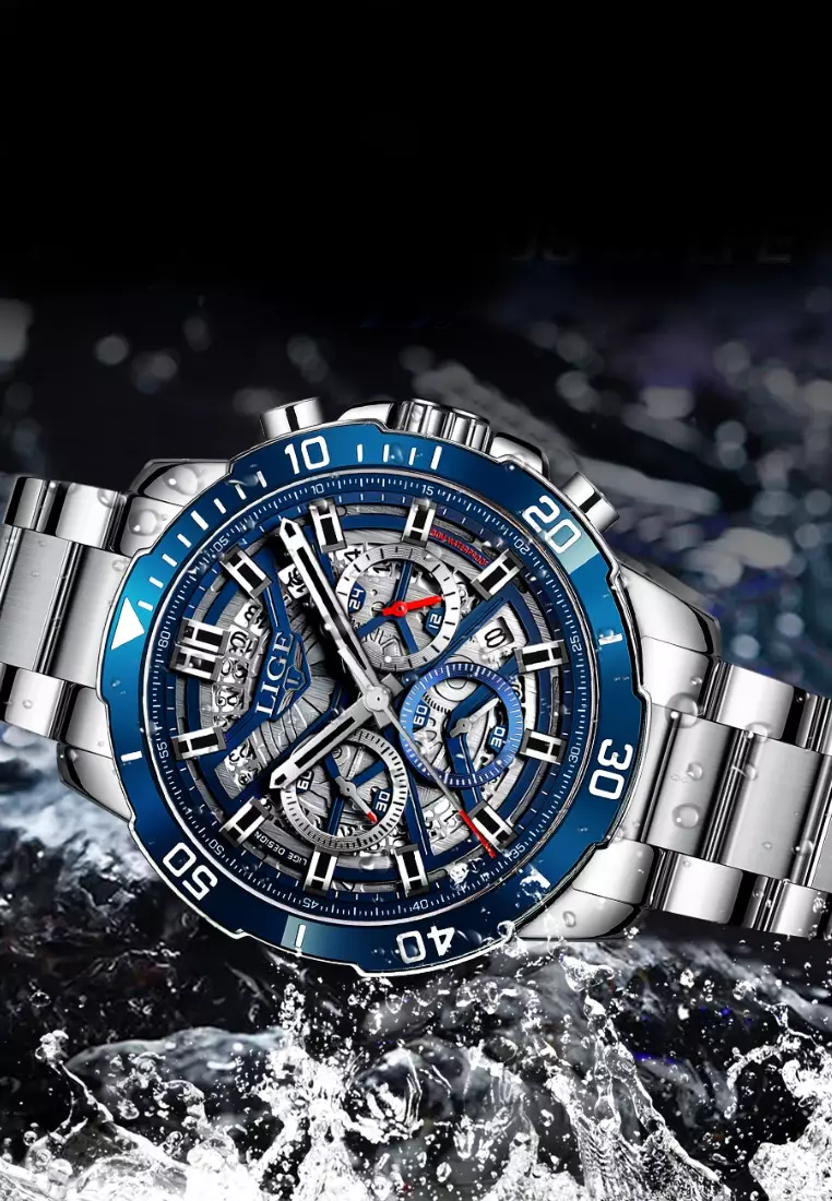 Chronograph Unisex Stainless Steel Quartz Watch, 45mm, Blue Bezel, Skeleton dial on Steel Bracelet