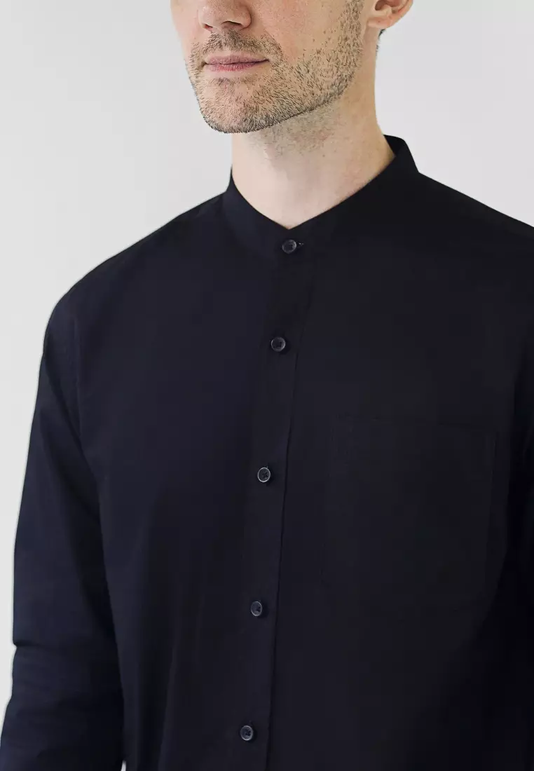 Cotton Well Badr Stand Collar Shirt Black | Kemeja Koko Lengan Panjang Hitam