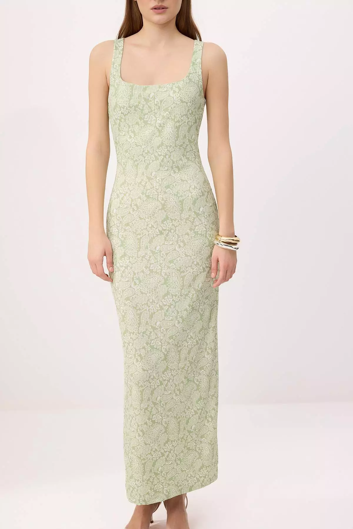 Green Floral Shift/Straight Thick Strap Pool Collar Sleeveless Stretch Knitted Dress Twoss26El472