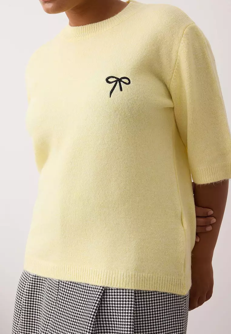 Yellow Bow Embroidered Thin Knitwear Sweater Tbbaw26An00007