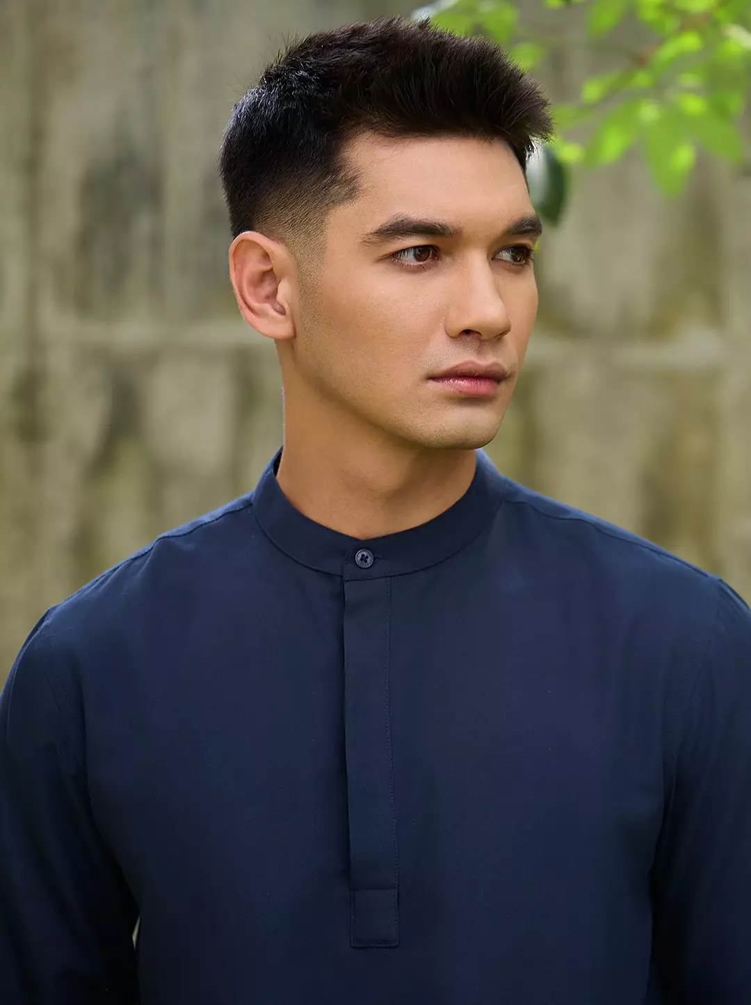OXCON Kemeja koko Tangan Panjang Collarless Azfar Navy