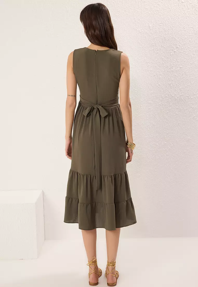 Khaki Plain Skirt Waist Opening Double Breasted Midi Woven Dress TWOSS25EL00201