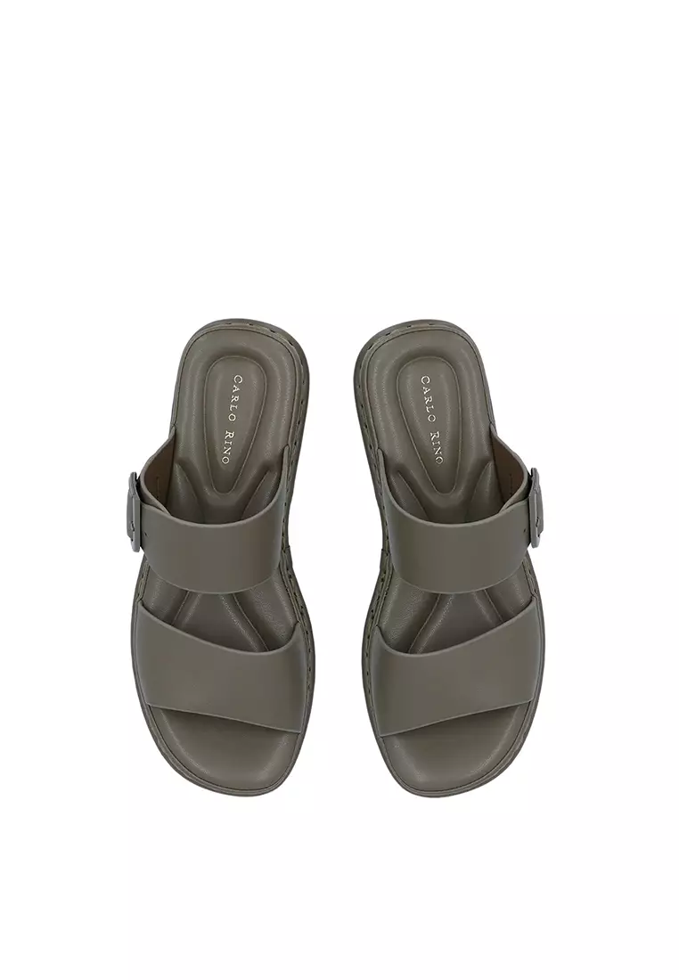 Dark Green CR Lea Double Strap Sandals