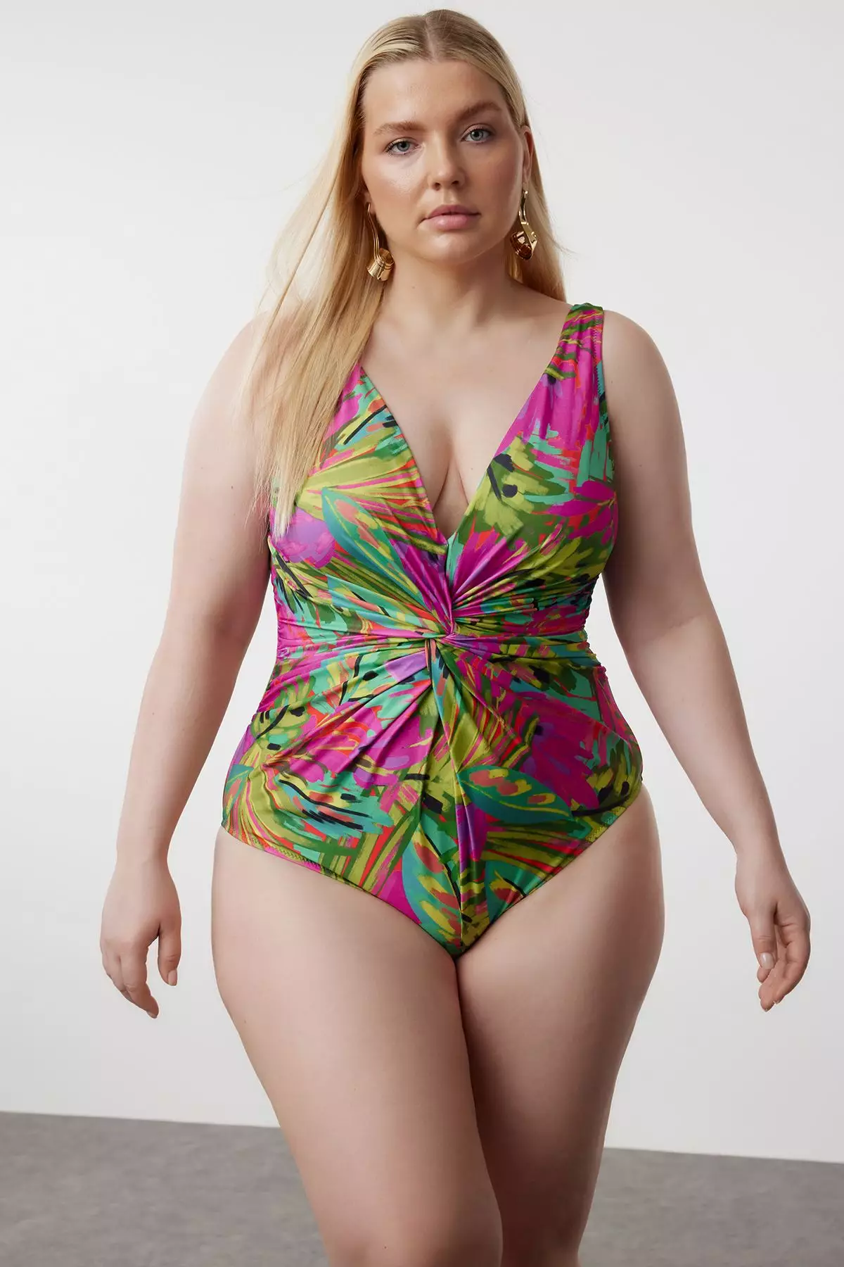 Plus Size Tropical Patterned V-Neck Swimsuit