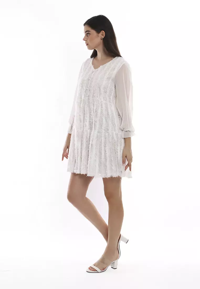 Ariel Mini Dress Wanita Long Sleeves Baju With Furry Design Elegant Regular Fit - Broken White