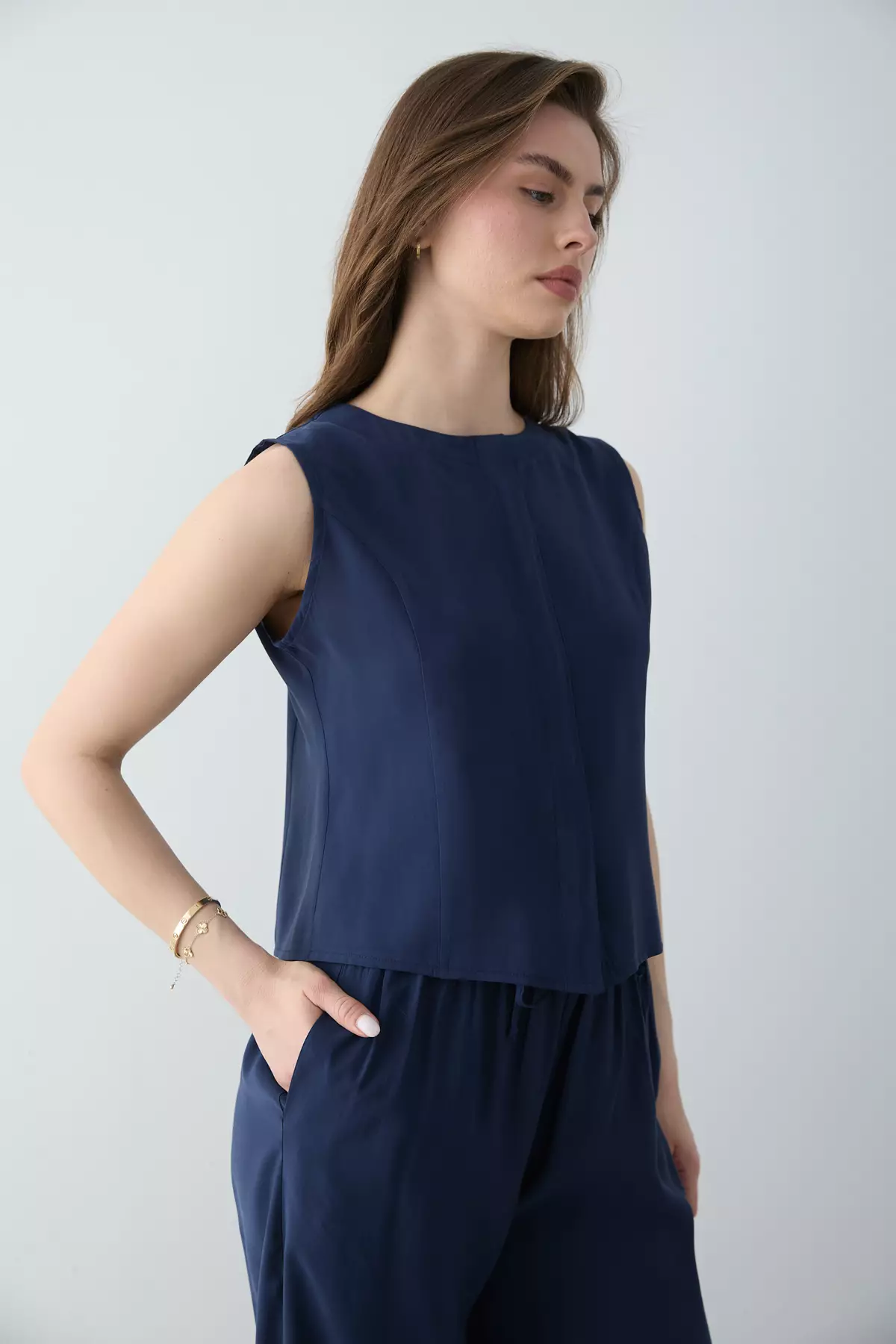 Navy Blue Modal Look Blouse And Trousers Woven Bottom - Top Set Twoss26Au00086