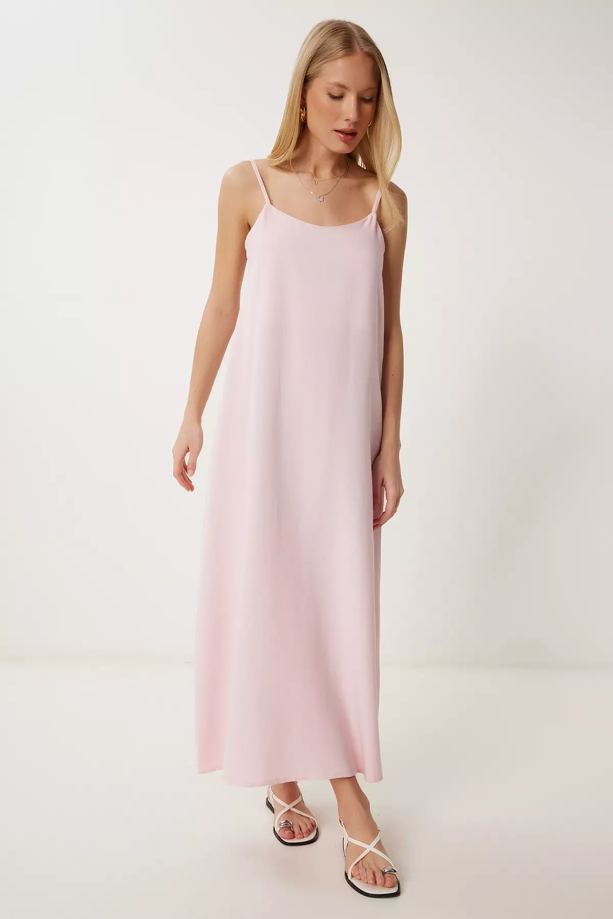 Women's Candy Pink Linen Blend Strap Summer Dress Hf00474