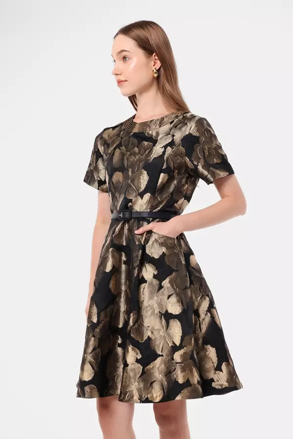 MINIMAL - Golda - Dress Jacquard Motif Bunga - Black