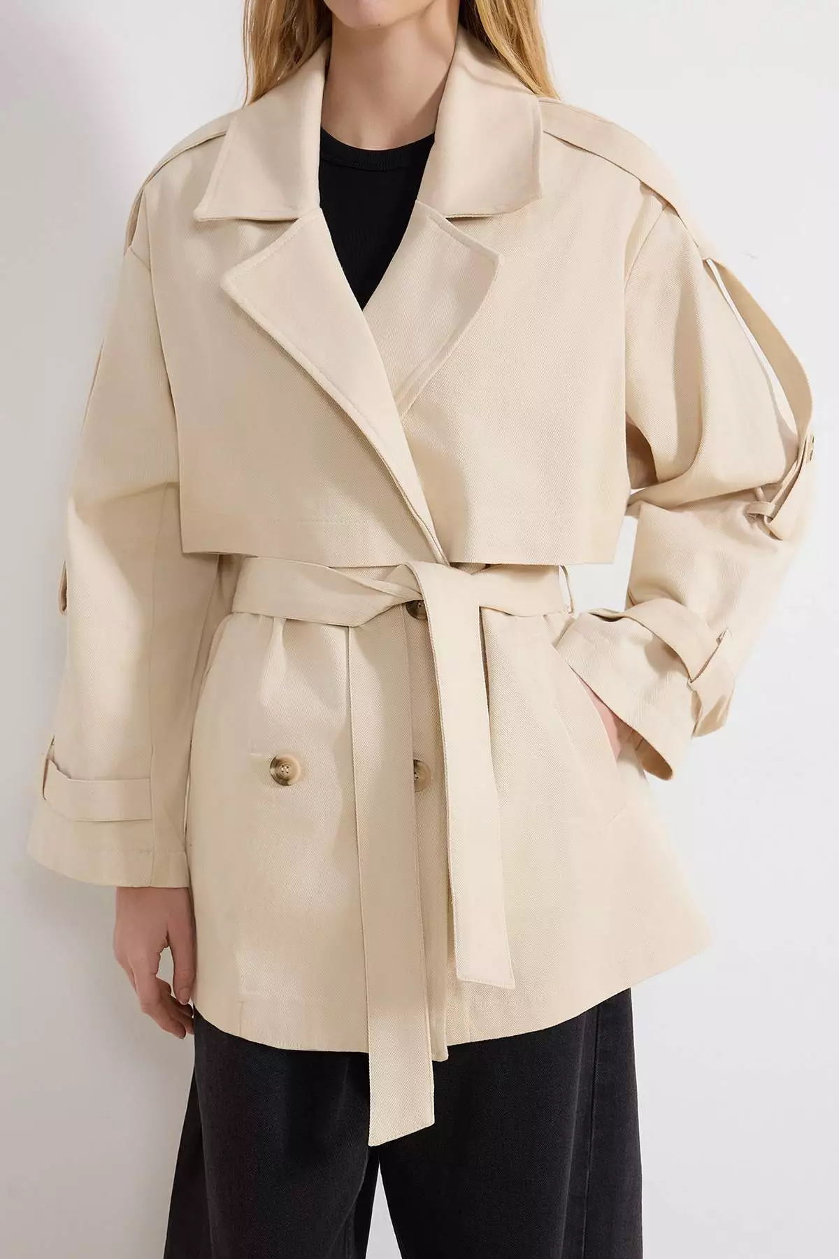 Stone Oversize Belted Double-Breasted Midi Trench Coat Twoss26Tr8