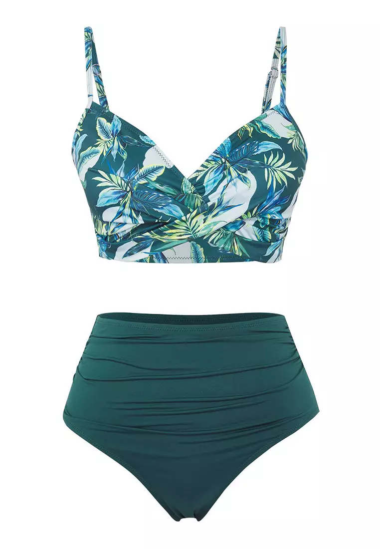 Floral Pattern Draped Triangle Covered Hipster High Waisted Bikini Set