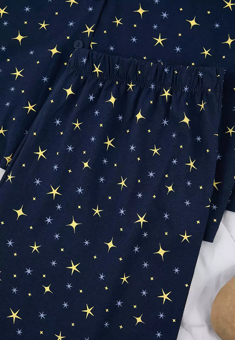 Navy Blue 100% Cotton Galaxy Pattern Shirt-Pants Knitted Pajamas Set Tbbaw26Ai00017