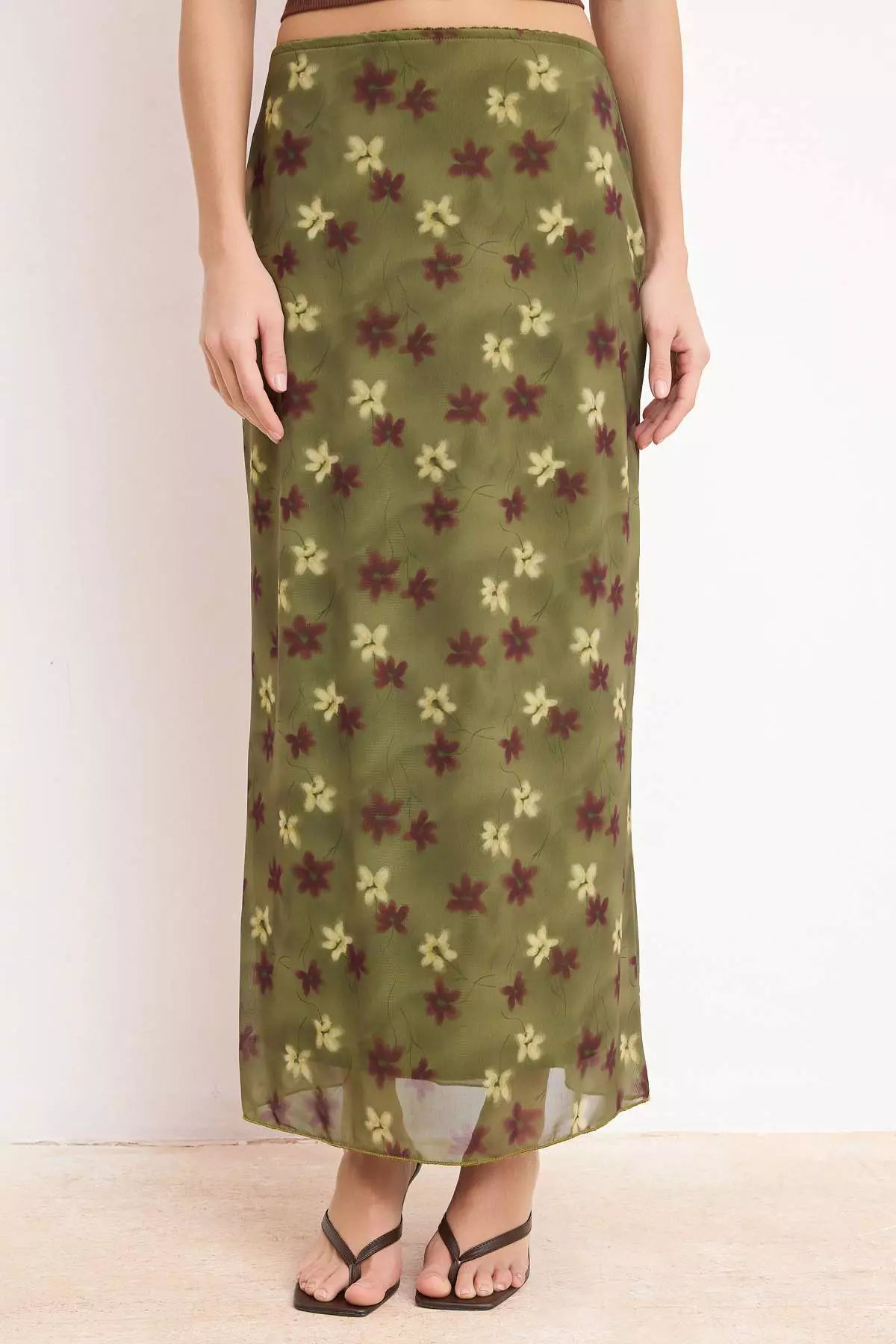 Khaki Abstract Patterned Tulle Lace Detailed Stretchy Skirt Twoss25Et153Skirt Twoss25Et153