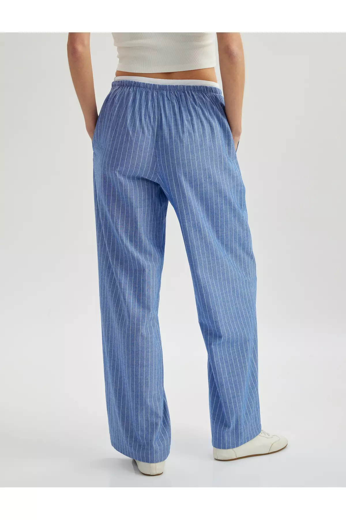 Double Waist Detailed Pocket Cotton Viscose Fabric Straight Wide Leg Trousers