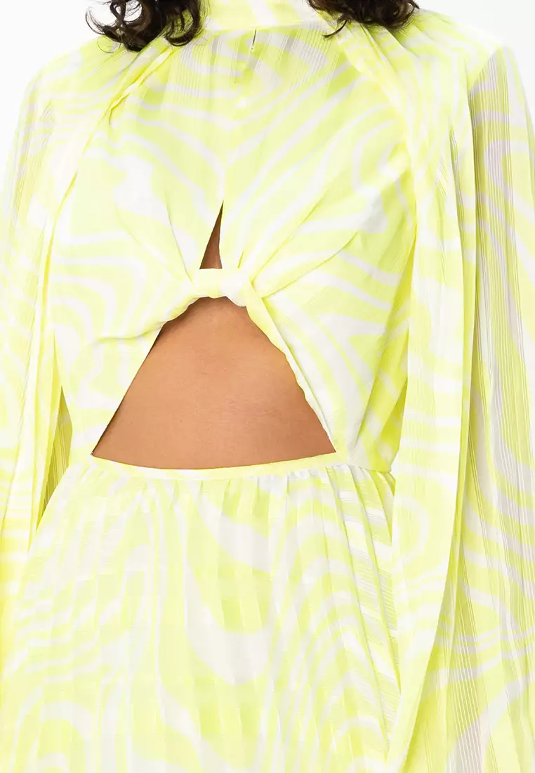 Knotted High Neck Cutout Pleated Midi Dress