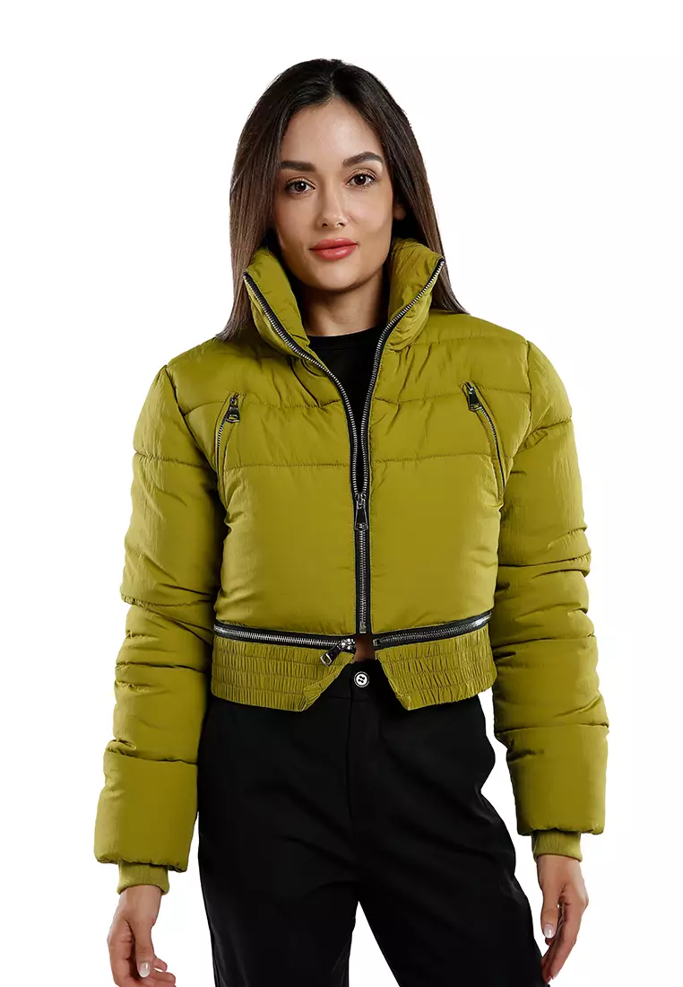 Jaket Puffer Turtleneck Dipotong Zaitun Gelap