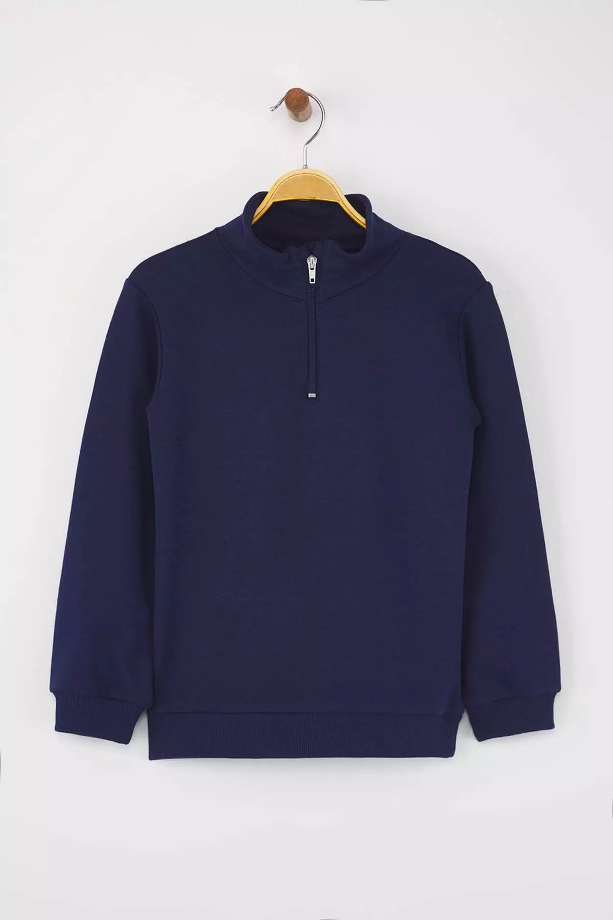 Navy Blue Cotton Plain/Basic Stand Collar Regular Knitted Boys Sweatshirt