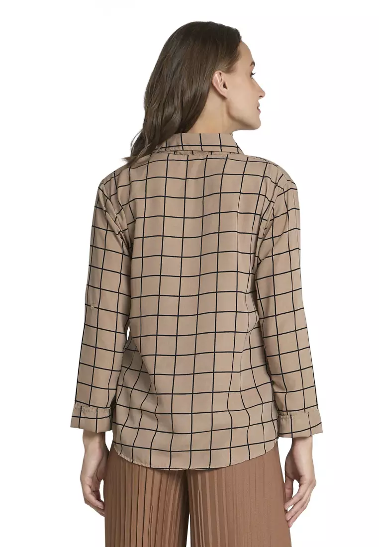 Osvald Blouse Long Sleeve Motif Kotak-Kotak Atasan Baju Wanita Casual - Mocca