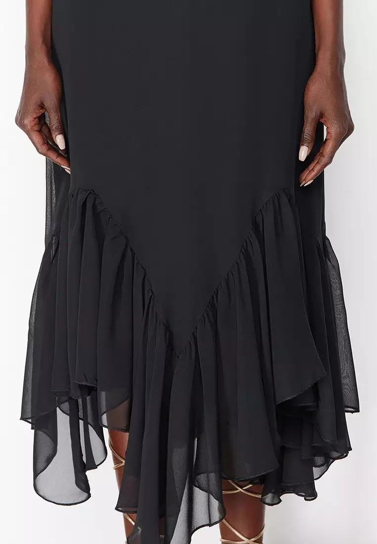 V-Neck Ruffle Midi Dress With Scarf Set