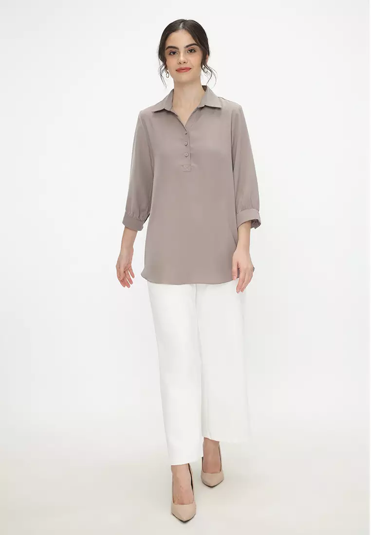 Plain Blouse V neck Mocca Color By Brilliant Girl Warna MOCCA