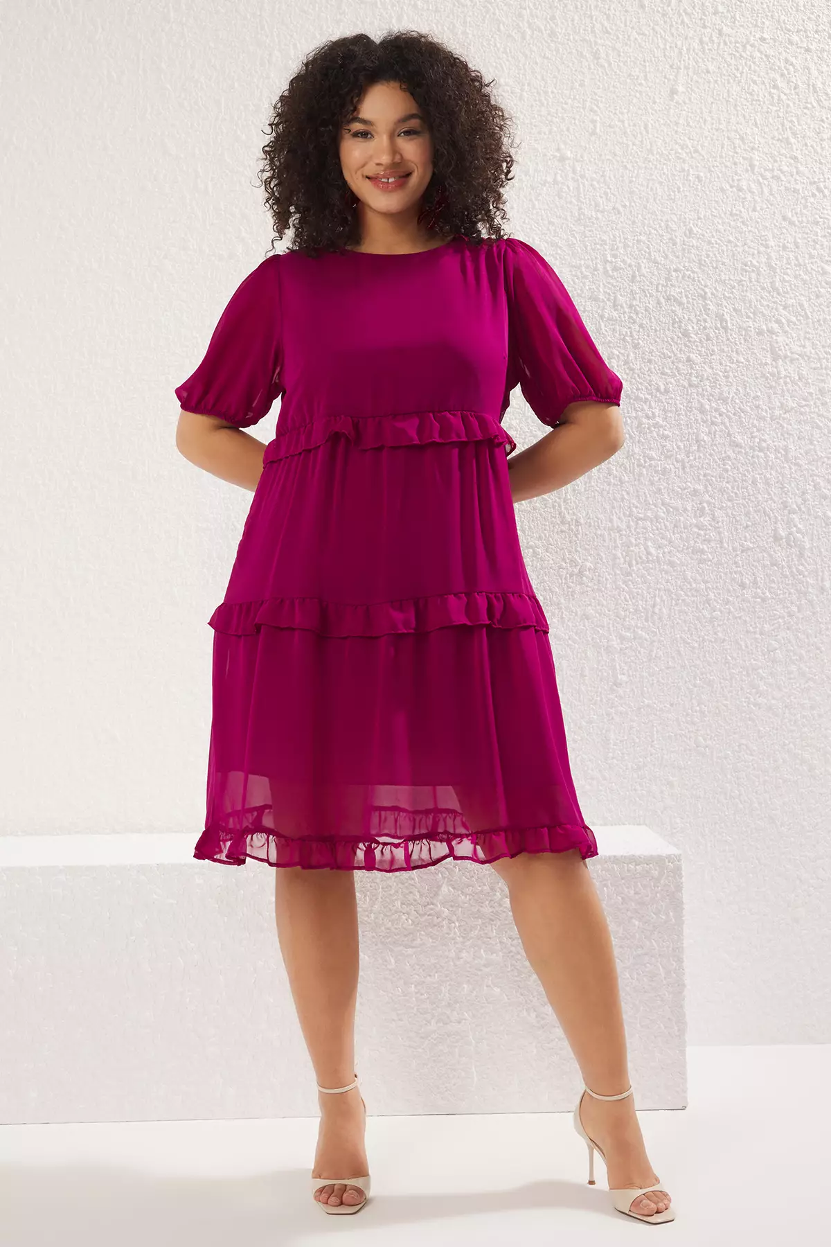 Plus Size Tulle Puff Sleeves Midi Dress