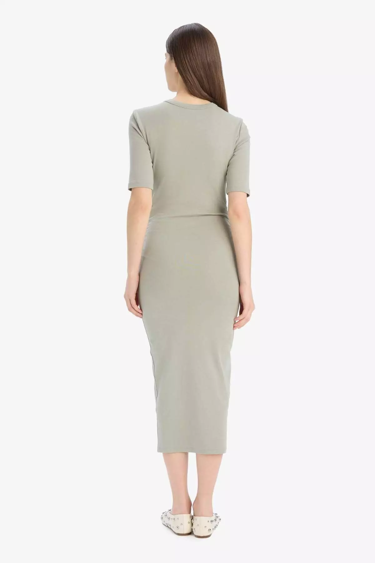Bodycon Body Hugging Crew Neck Basic Plain Rib Short Sleeve Midi Dress E6003Ax25Sp