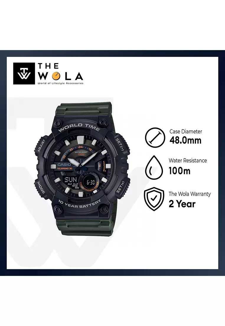 Men's Analog-Digital Watch AEQ-110W-3AV Army Green Resin Band Watch for men