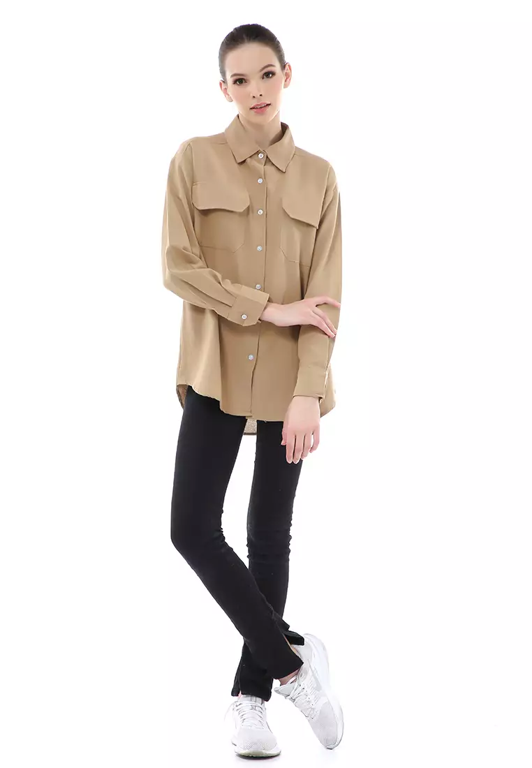 Brielle Atasan Wanita Kemeja Oversize Lengan Panjang Double Pocket Material Linen ORIGINAL - Mocca