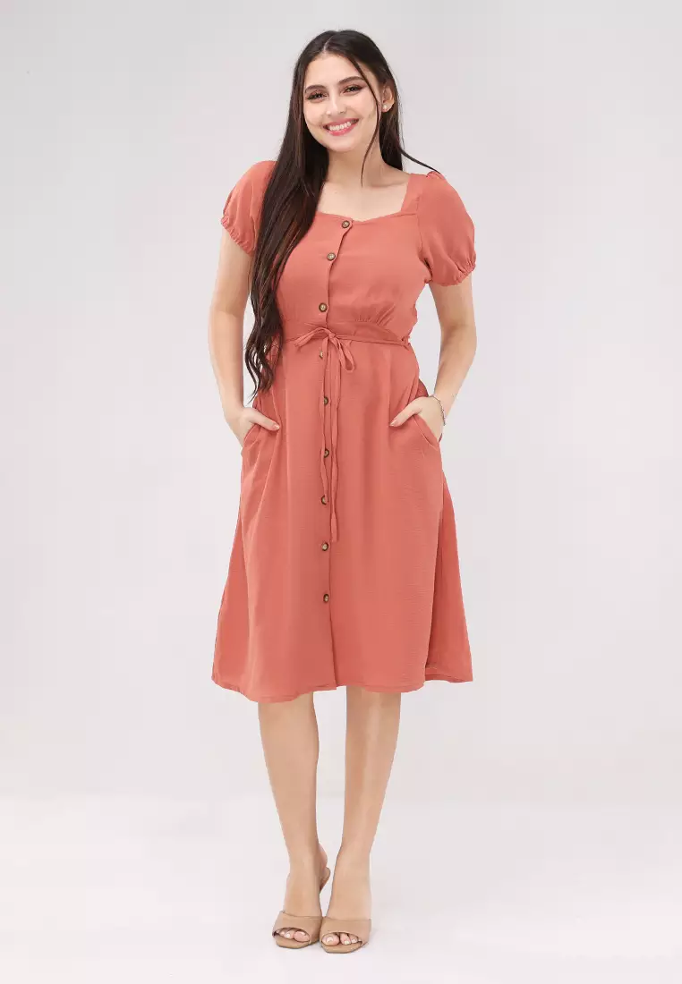 Wrinkled Linen Woven Short Sleeves Dress