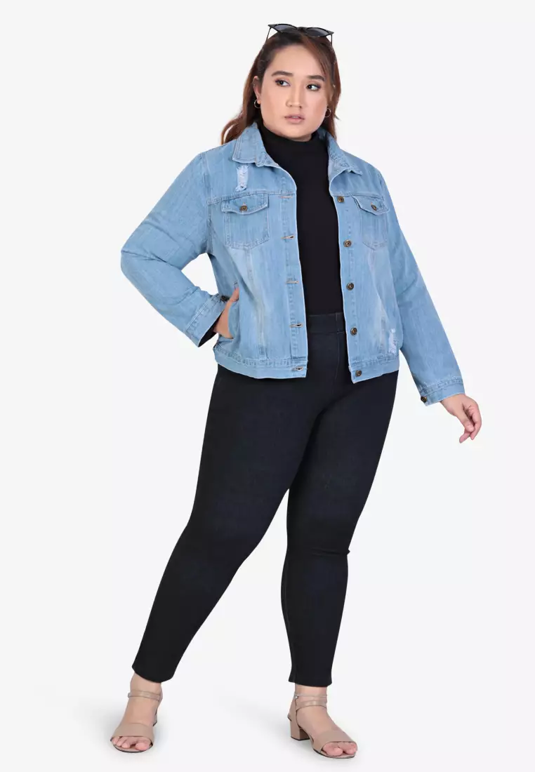 Plus size ripped denim on sale jacket