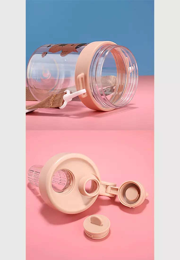 Wakakids Botol Minum Anak Plastik Infused Water Free Sticker Lucu dengan Sedotan dan Tali Panjang 600ml K368 Venhs Pink