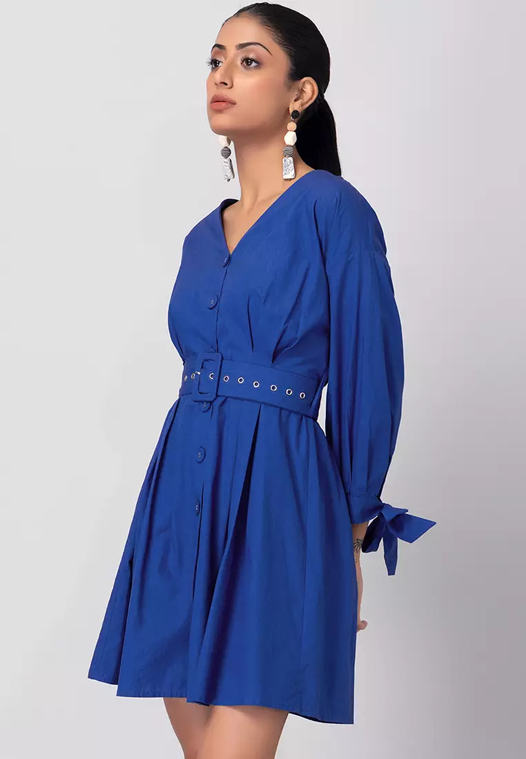 Dark Blue Poplin Dress With Self Fabric Buckle Belt