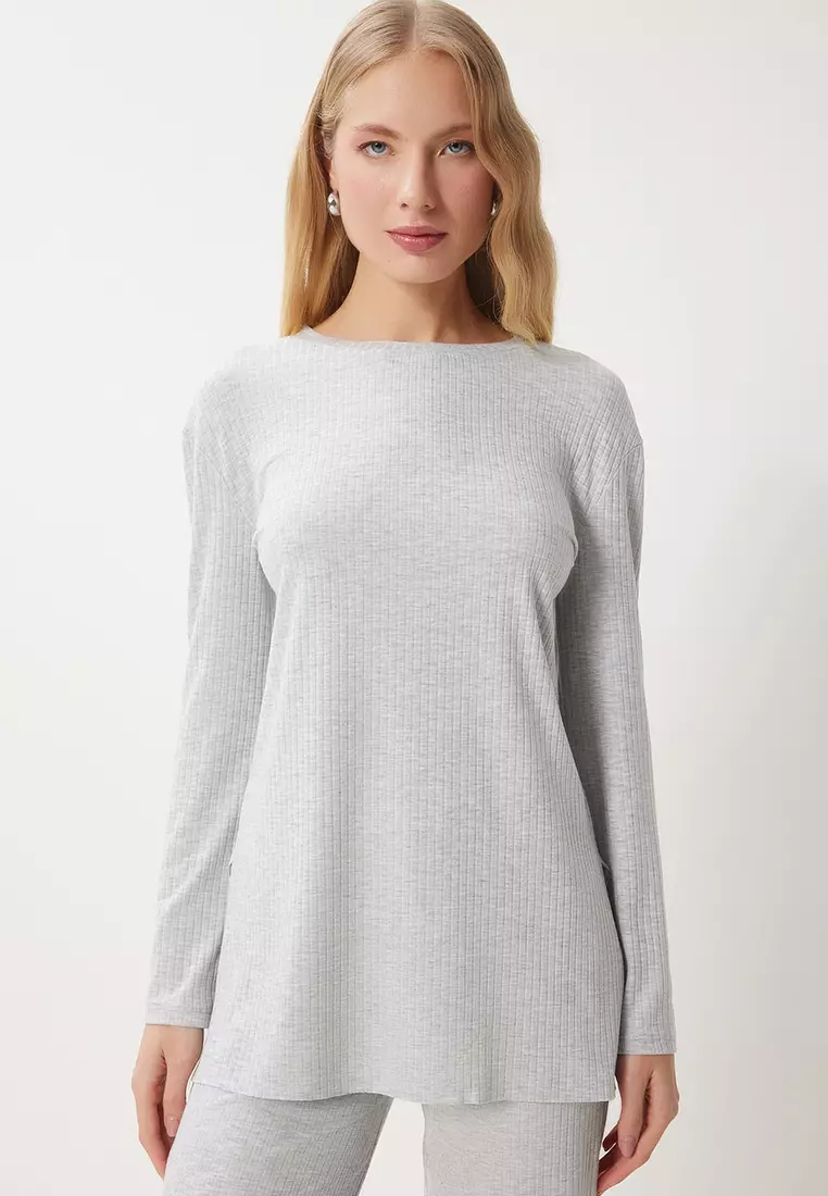 Comfortable Ribbed Knitted Blouse Trousers Set