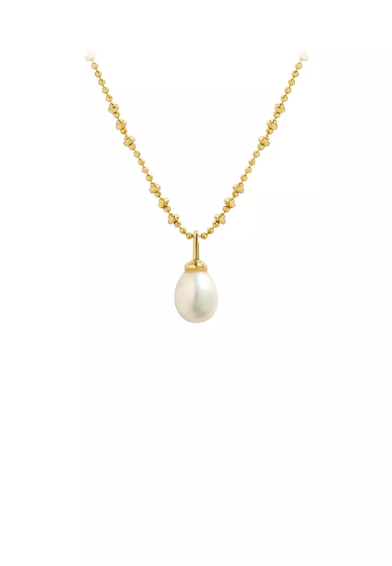 925 Sterling Silver Plated Gold Simple Classic Freshwater Pearl Pendant with Beaded Necklace