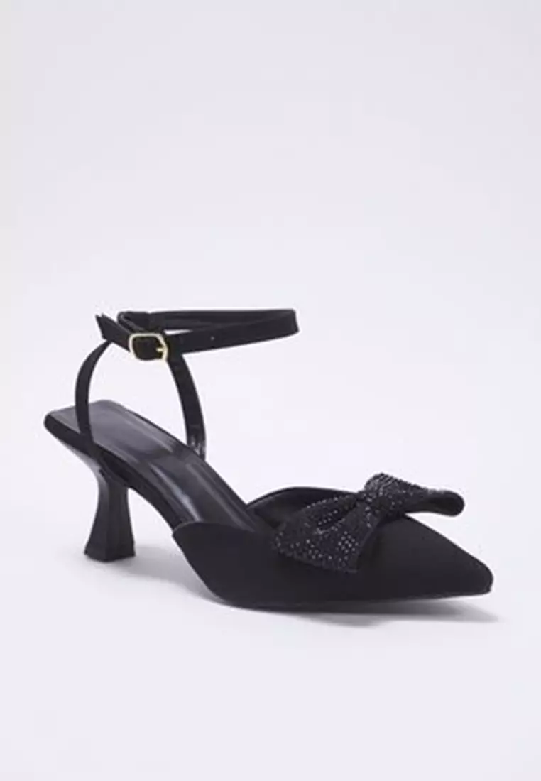 Black Rhinestone Bow Detail Pointed Toe Slingback Women Evening Dress Thin Heels Shoes Takss25To00043