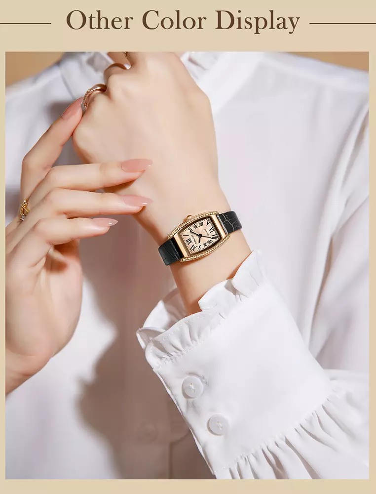 Jam Tangan Wanita Tonneau-shaped Diamond Dial Tali Kulit Mode Jam Tangan Cewek black white
