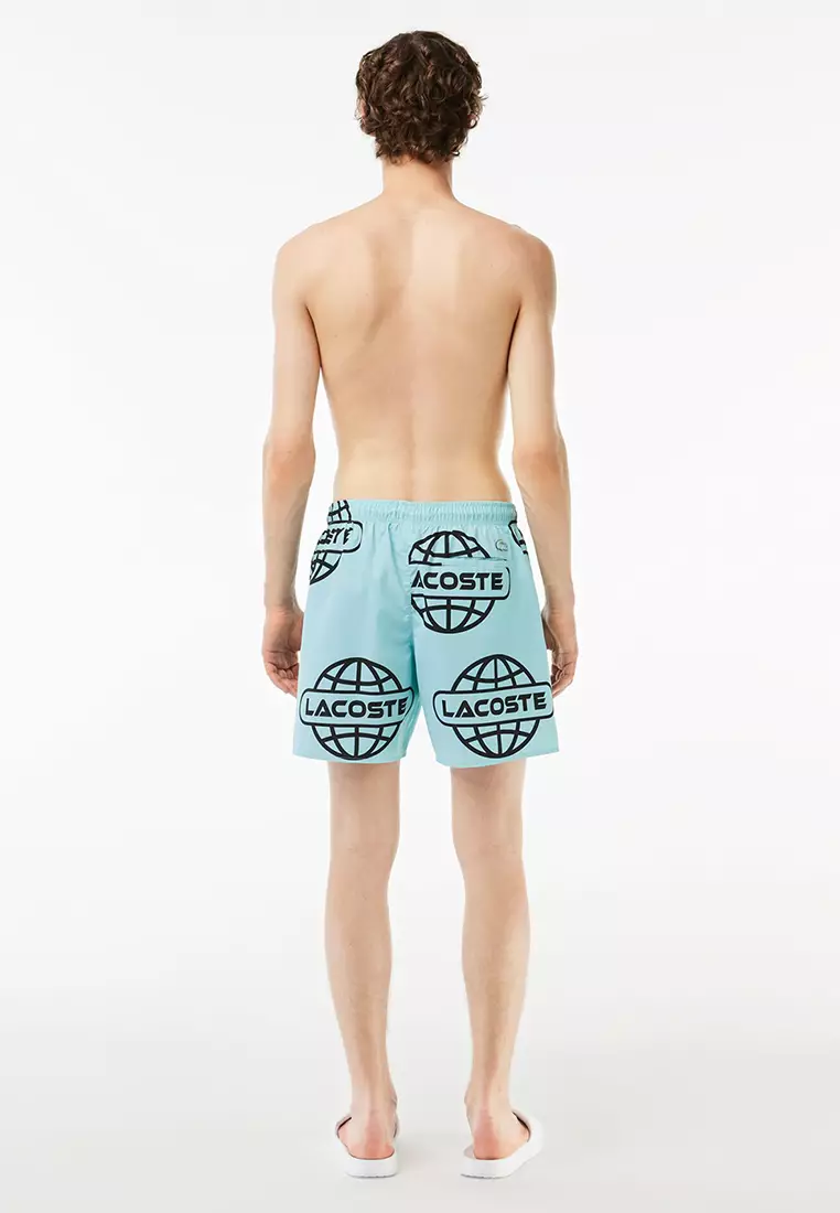 Lacoste Monogram Print Swim Trunks in Blue for Men