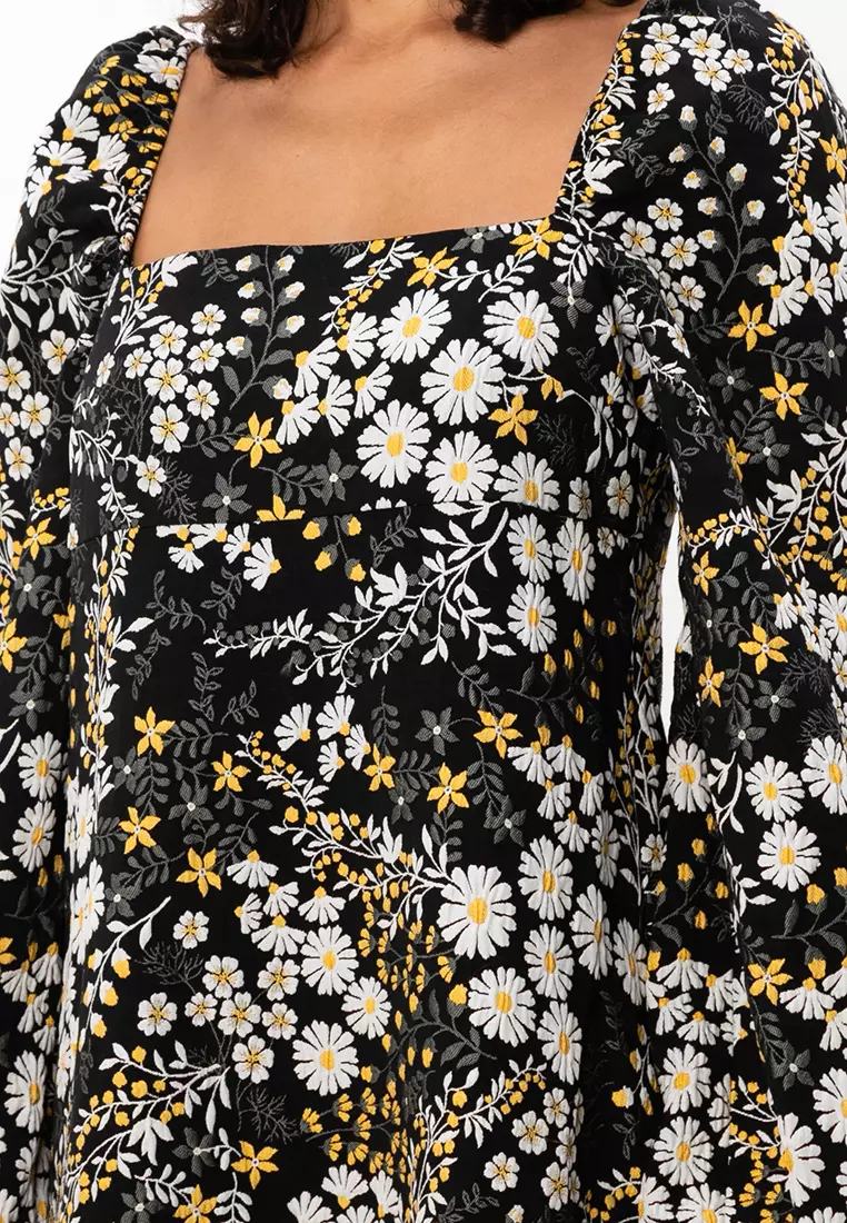 Jacquard Puff Sleeve Midi Dress