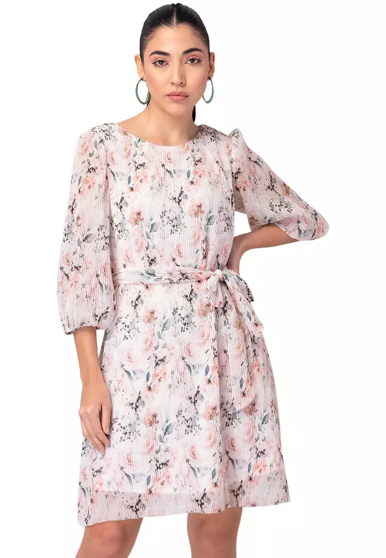 Floral print flared sleeve pleated chiffon dress clearance