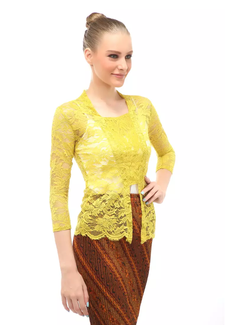 Hara Kebaya Seri 1 Motif Brokat Long Sleeves Atasan Wanita Transparan Premium Quality - Hijau Sandat