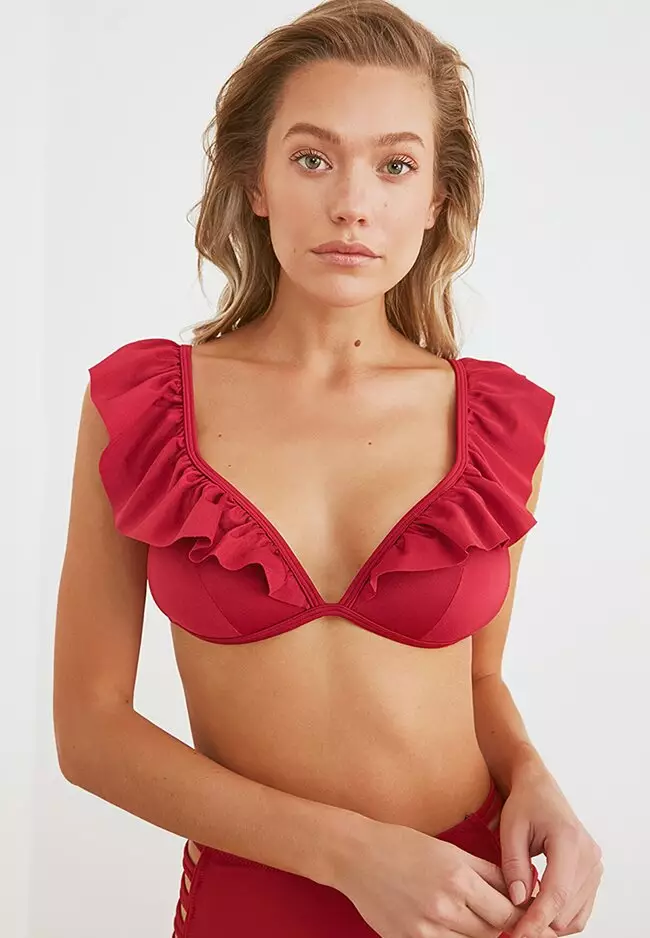 Red ruffle hot sale bikini top