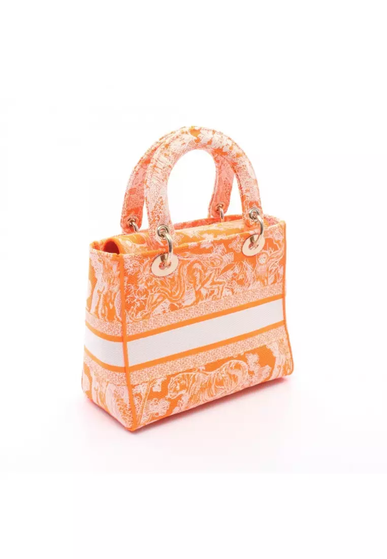 Pre-Loved Christian Dior LADY D-LITE Medium 2WAY Handbag canvas orange white